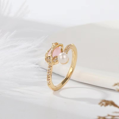 Picture of Gold Tulip Flower Bud Opal Ring Women's Daily Life Simple Pearl Opening Ring -Flower Open Rings Fashion Jewelry- Ring For Girls