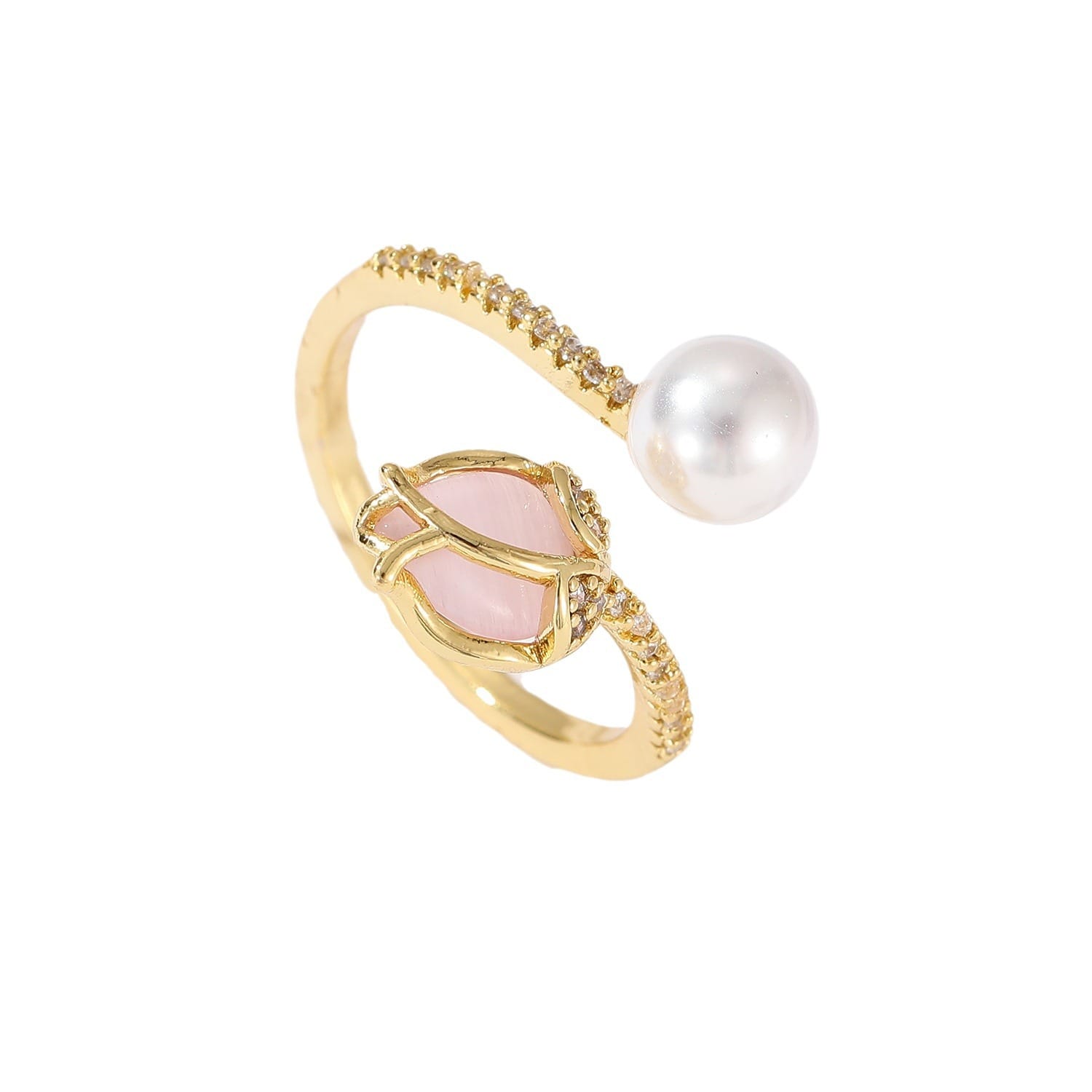 Picture of Gold Tulip Flower Bud Opal Ring Women's Daily Life Simple Pearl Opening Ring -Flower Open Rings Fashion Jewelry- Ring For Girls