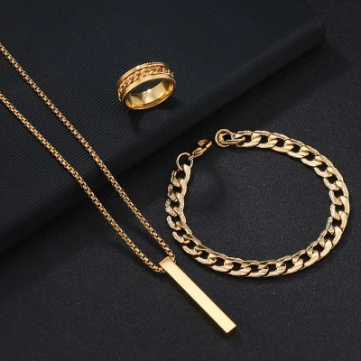Picture of Stylish Bar Pendant Set, Necklaces Finger Ring Set And Oval Kada Bracelet For Boys And Men (Pack Of 3) Golden