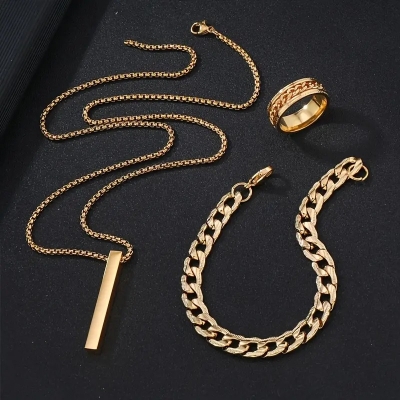 Picture of Stylish Bar Pendant Set, Necklaces Finger Ring Set And Oval Kada Bracelet For Boys And Men (Pack Of 3) Golden