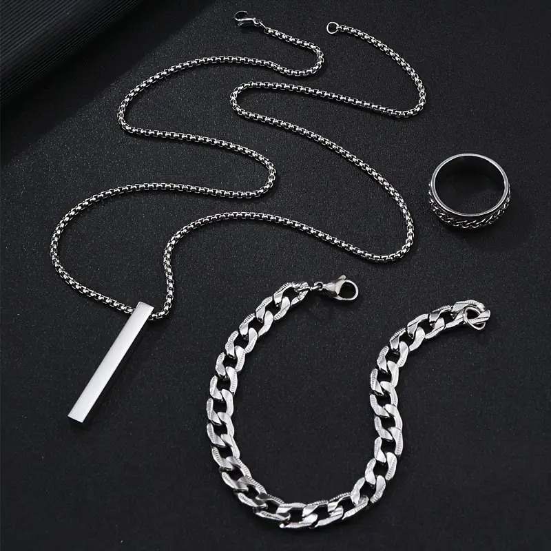 Picture of Style 3-Piece Fashion Jewelry Set  Stainless Steel, Simple Golden Necklace Combo for Men