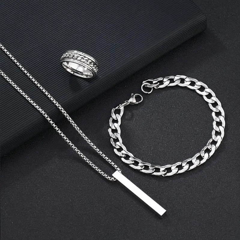 Picture of Style 3-Piece Fashion Jewelry Set  Stainless Steel, Simple Golden Necklace Combo for Men