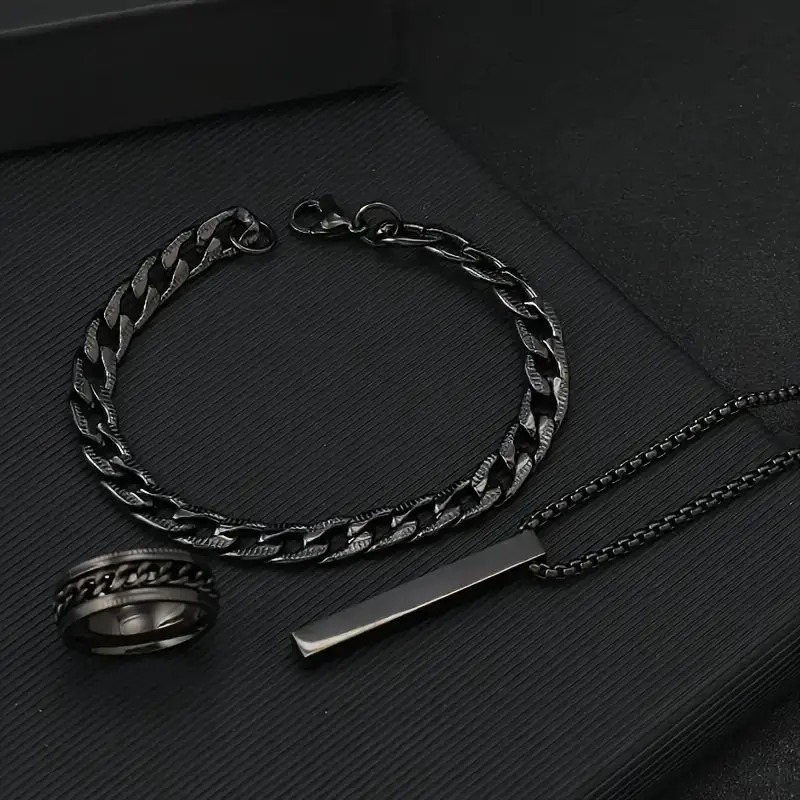 Picture of 3-Piece Mens Stainless Steel Glamour - Fashionable Pendant Necklace Bracelet & Ring Set for Men