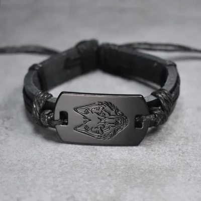 Picture of Mens Leather Wolf Head Woven Bracelet Wristband For Men Black