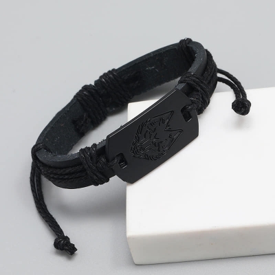 Picture of Mens Leather Wolf Head Woven Bracelet Wristband For Men Black