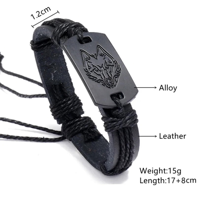 Picture of Mens Leather Wolf Head Woven Bracelet Wristband For Men Black