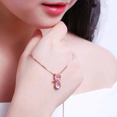 Picture of New Rose Natural Stone Cat Pendant Necklace Girls Jewelry Necklace for Women