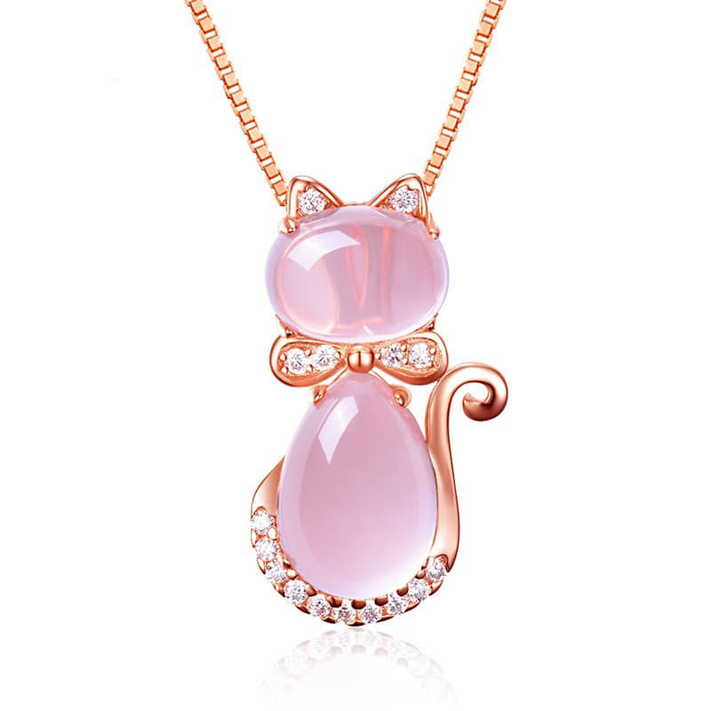 Picture of New Rose Natural Stone Cat Pendant Necklace Girls Jewelry Necklace for Women