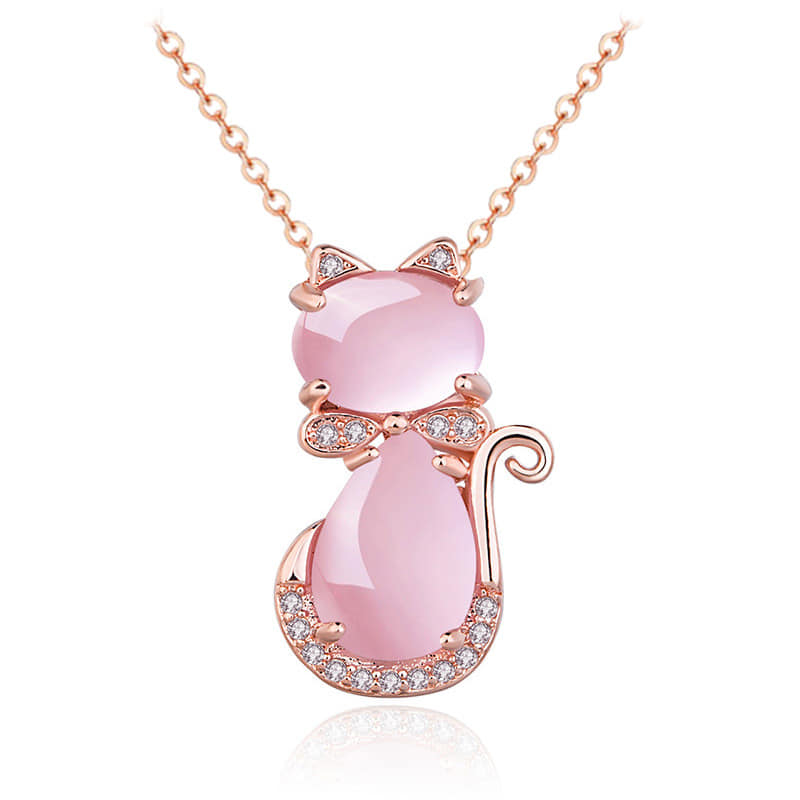 Picture of New Rose Natural Stone Cat Pendant Necklace Girls Jewelry Necklace for Women