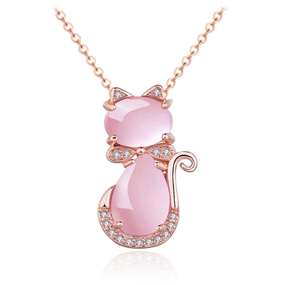 Picture of New Rose Natural Stone Cat Pendant Necklace Girls Jewelry Necklace for Women