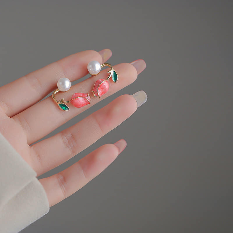 Picture of Pink Tulip Pearl Stud Earrings For Women Two Ways To Wear Ear Studs For Daily Life Party Jewelry Lightweight Ear Cuff Tulip