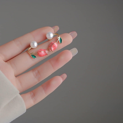 Picture of Pink Tulip Pearl Stud Earrings For Women Two Ways To Wear Ear Studs For Daily Life Party Jewelry Lightweight Ear Cuff Tulip