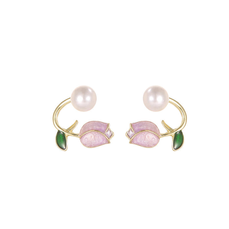Picture of Luxury Pink Tulip Pearl Studs Earrings Elegant Gold Plated Zircon Flower Earring for Woman