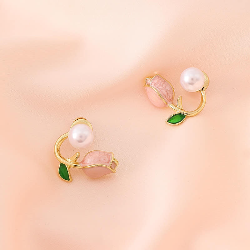 Picture of Luxury Pink Tulip Pearl Studs Earrings Elegant Gold Plated Zircon Flower Earring for Woman