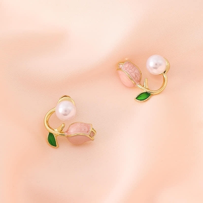 Picture of Luxury Pink Tulip Pearl Studs Earrings Elegant Gold Plated Zircon Flower Earring for Woman