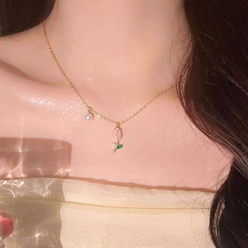 Picture of Elegant  Korean Cute Tulip Flower Shaped Pendant Peach Pearl Flower Chain ,Fashionable Jewelry  Chain For Girls