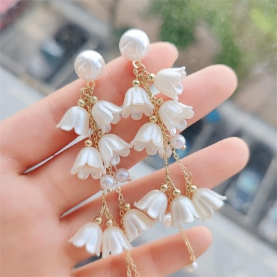 Picture of Blue Bell Flower Pearl Earrings Suitable for Women Korean Temperament Long Tassel Earrings Sweet New Design
