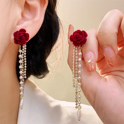 Picture of Red Rose Flower Long Tassel Earrings for Women Wine Red Flocking Bow Pearl Tassel Earrings Elegant Luxury Jewelry Gifts