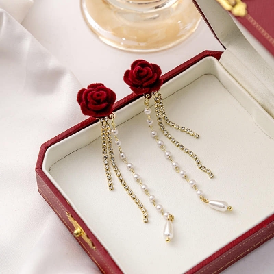 Picture of Red Rose Flower Long Tassel Earrings for Women Wine Red Flocking Bow Pearl Tassel Earrings Elegant Luxury Jewelry Gifts