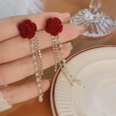 Picture of Red Rose Flower Long Tassel Earrings for Women Wine Red Flocking Bow Pearl Tassel Earrings Elegant Luxury Jewelry Gifts