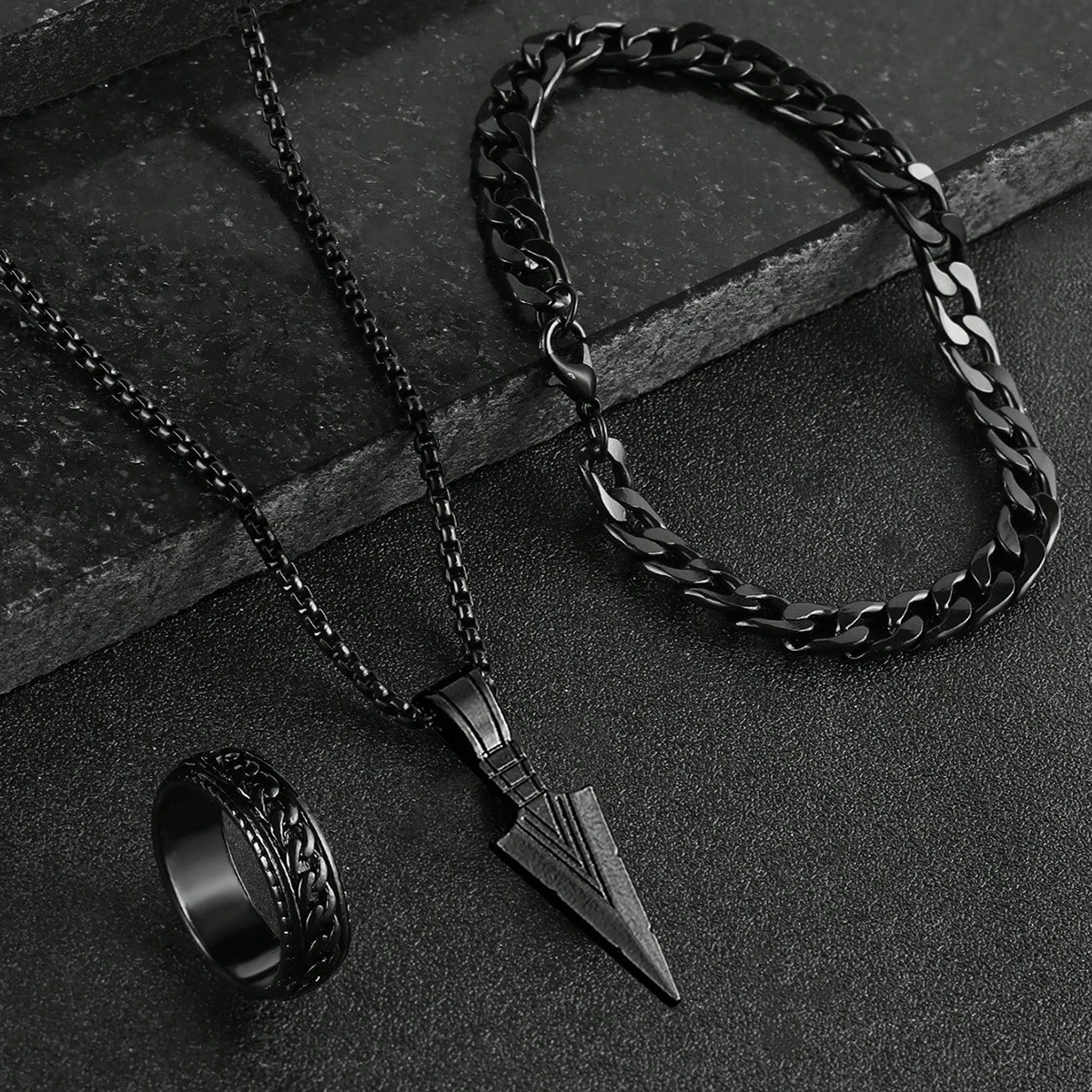 Picture of Warrior Spirit Arrowhead Pendant Necklace & Chain Bracelet Stainless Steel Jewelry Set for Men