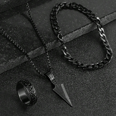 Picture of Warrior Spirit Arrowhead Pendant Necklace & Chain Bracelet Stainless Steel Jewelry Set for Men