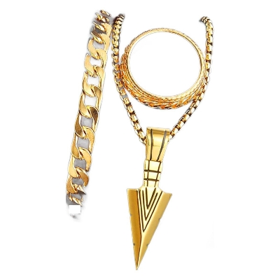 Picture of Warrior Spirit Arrowhead Pendant Necklace & Chain Bracelet Stainless Steel Jewelry Set for Men