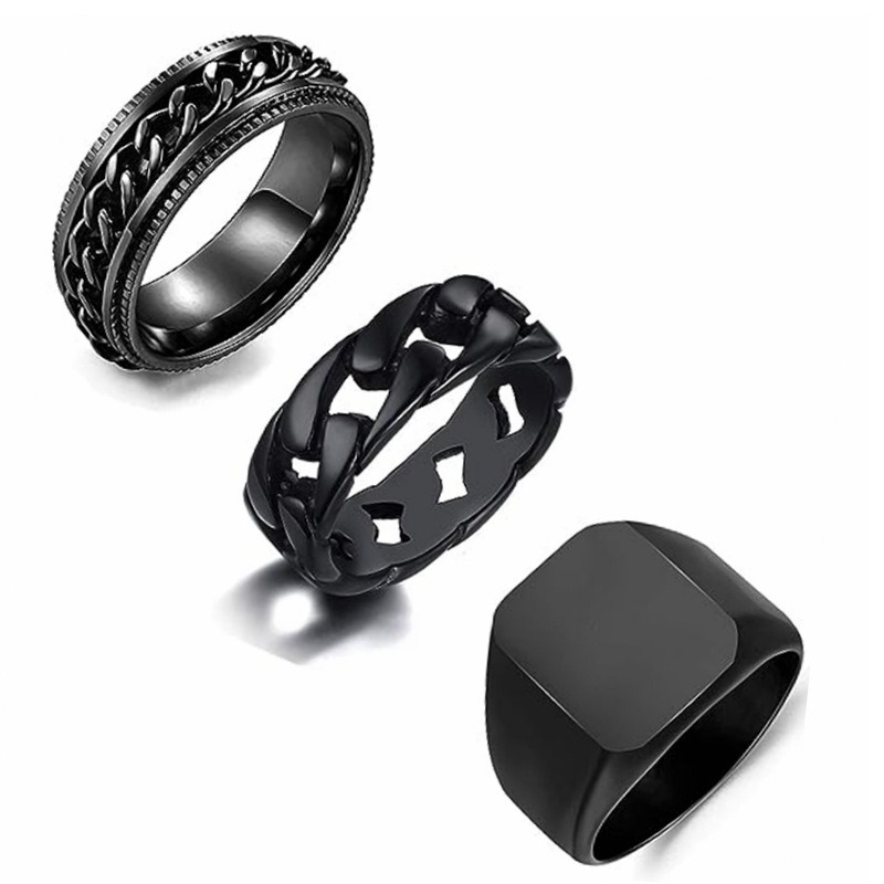 Picture of WAINIS 3 Pcs Mens Stainless Steel Black Signet Biker Rings for Men Fidget Chain Ring Cuban Link Band Ring Set Size 9