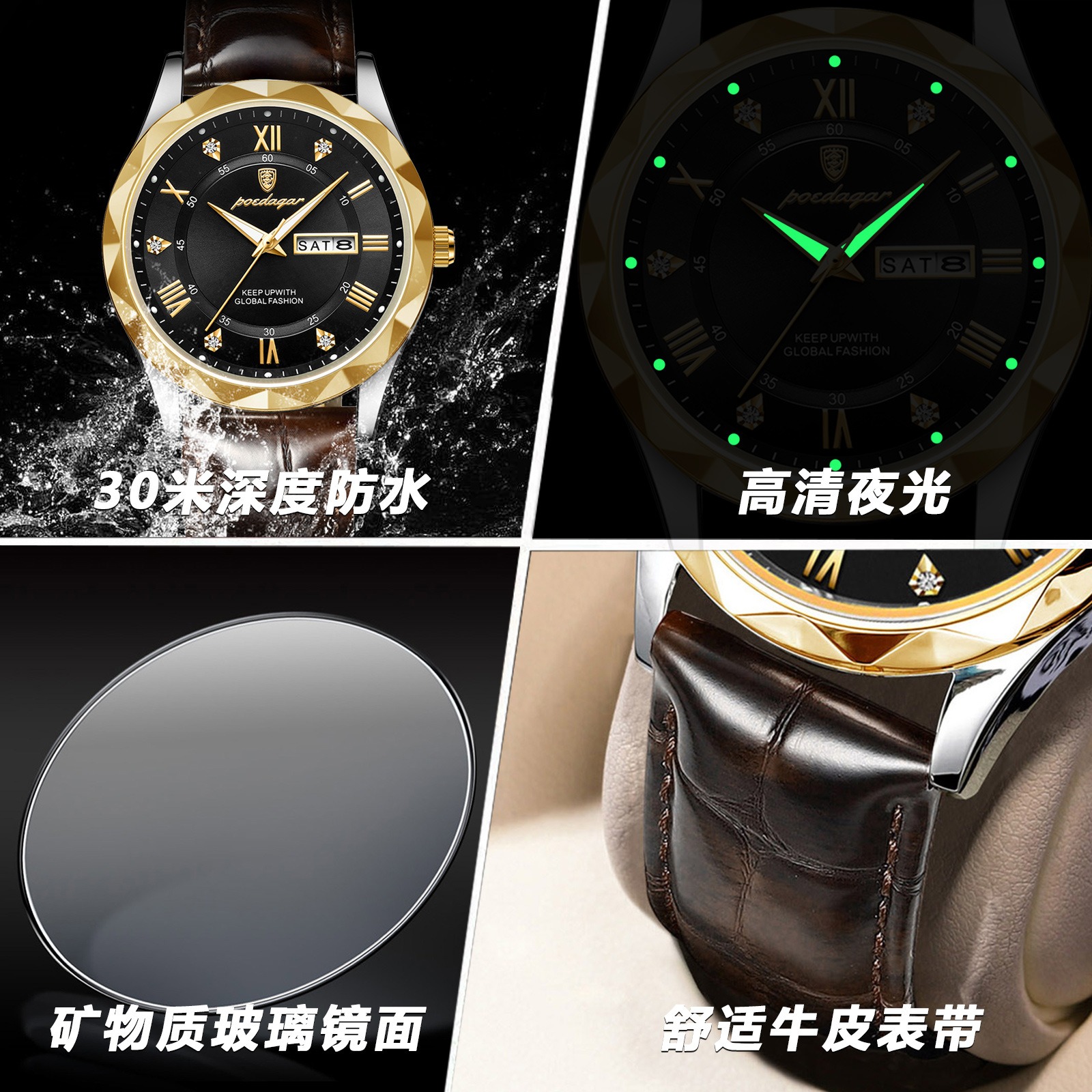 Picture of Luxury Poedagar Green Sunray Dial Watch with Day and Date Display