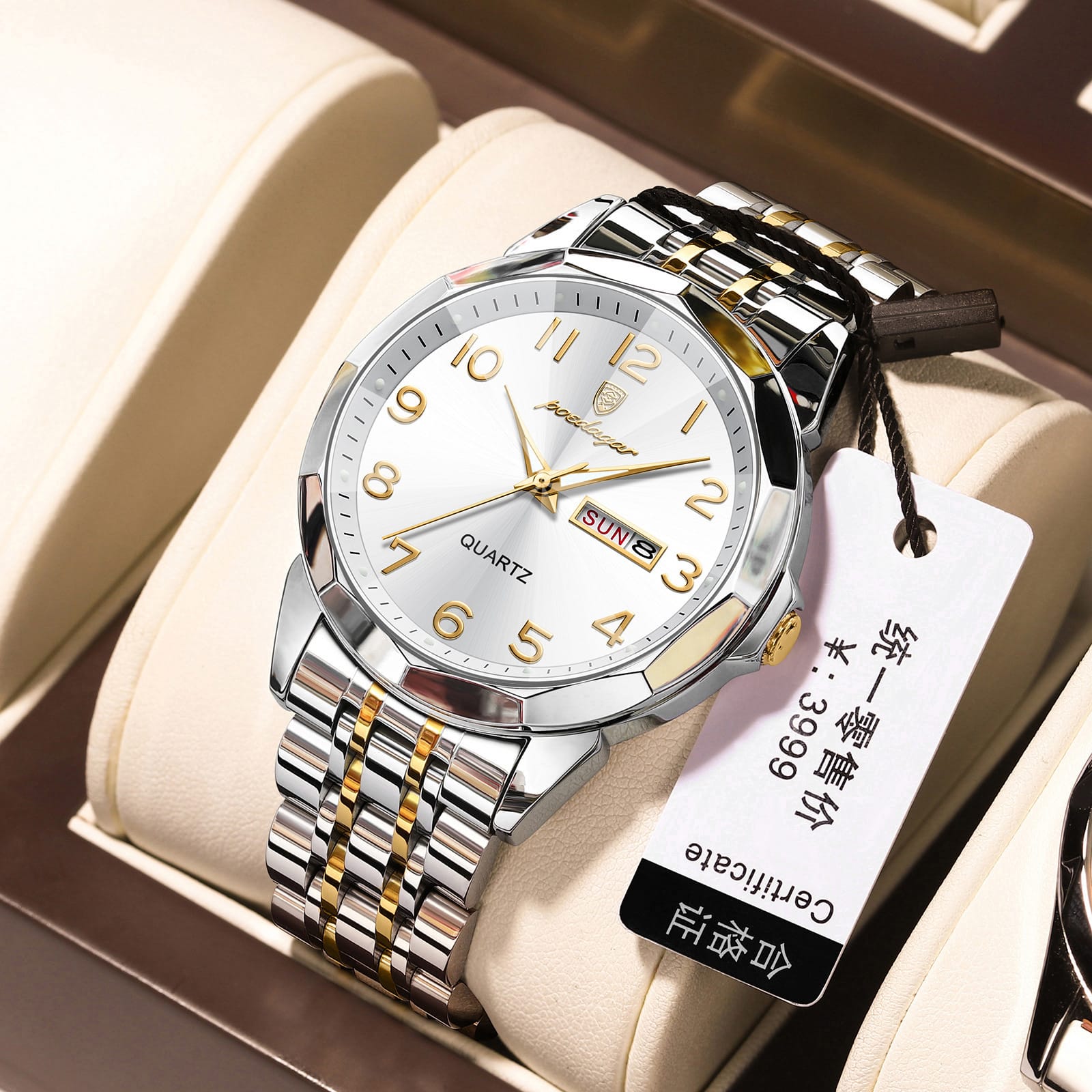 Picture of Luxury Poedagar Green Sunray Dial Watch with Day and Date Display