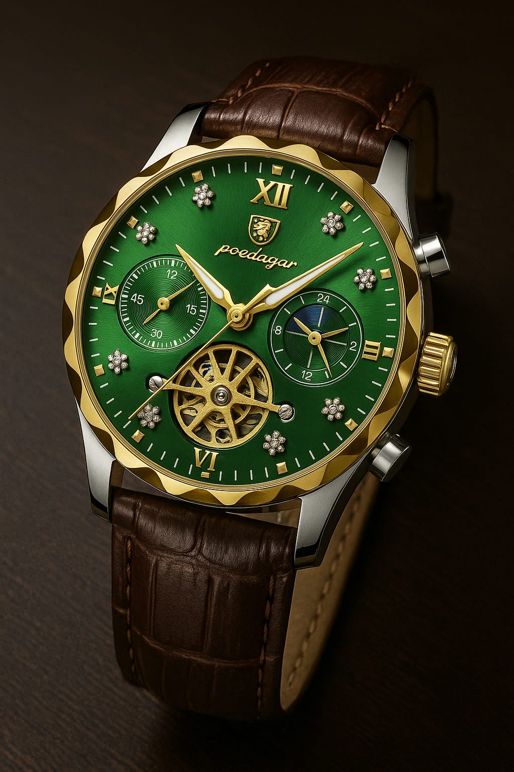 Picture of Luxury Poedagar Green Sunray Dial Watch with Day and Date Display