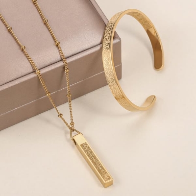 Picture of Ayatul Kursi Stainless Steel Cuff Bangles for Men and Women - Simple Carve Islamic Jewelry 2 Pcs Set