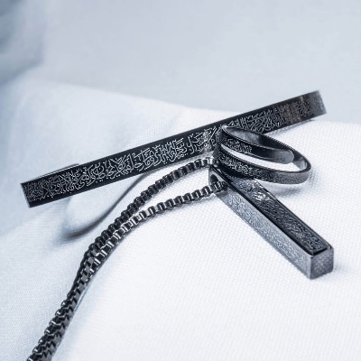 Picture of Ayatul Kursi Stainless Steel Cuff Bangles for Men and Women - Simple Carve Islamic Jewelry 3 Pcs Set chain bracelet Ring Combo