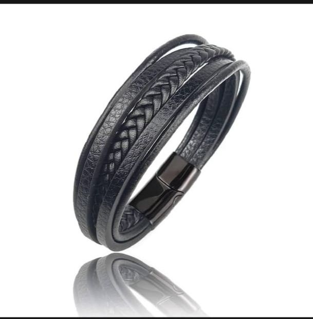 Picture of Stainless Steel Leather Bracelet Men Wrist Band Black Link Punk Stylish Gift