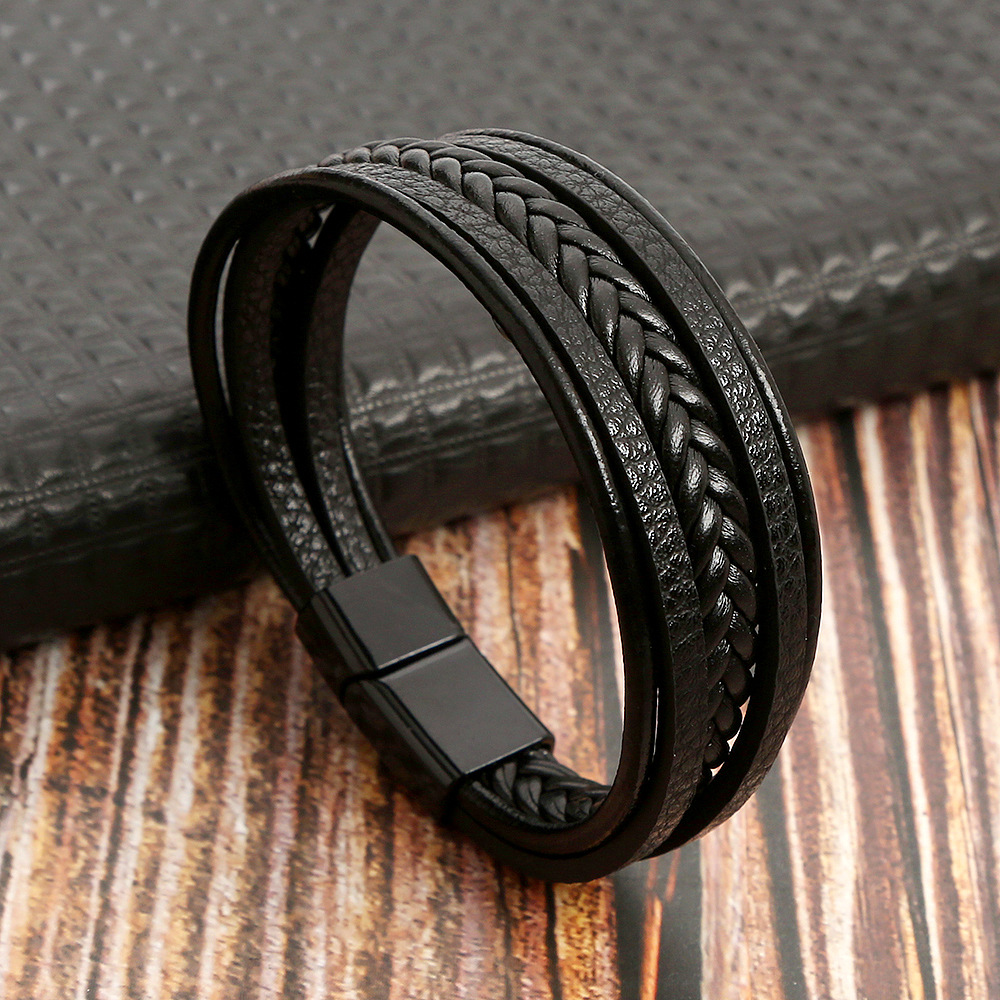 Picture of Stainless Steel Leather Bracelet Men Wrist Band Black Link Punk Stylish Gift
