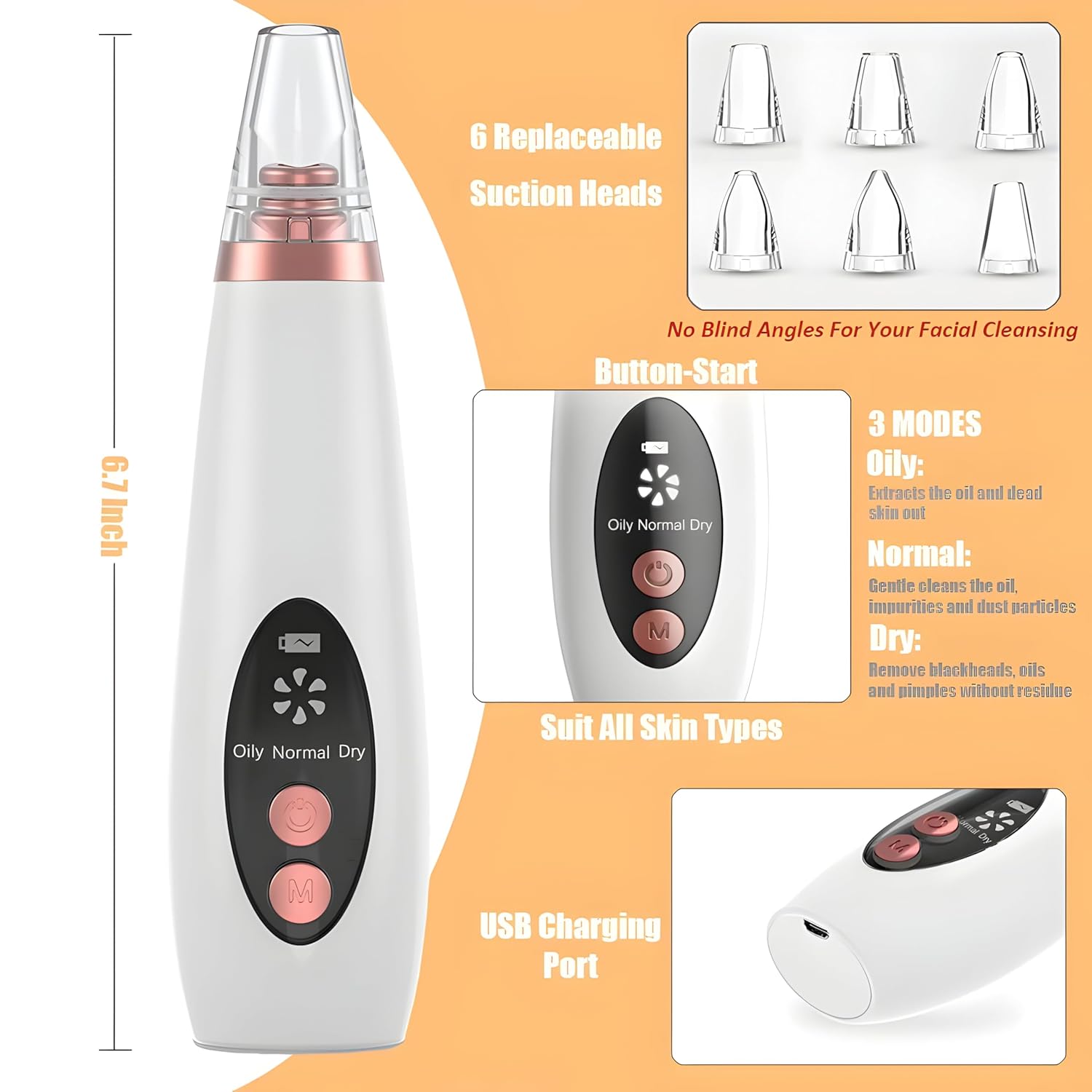 Picture of 6 In 1 Multi-Function Blackhead Remover Tool, USB Rechargeable Derma suction Machine, Pimple Removal Tool for Men and Women