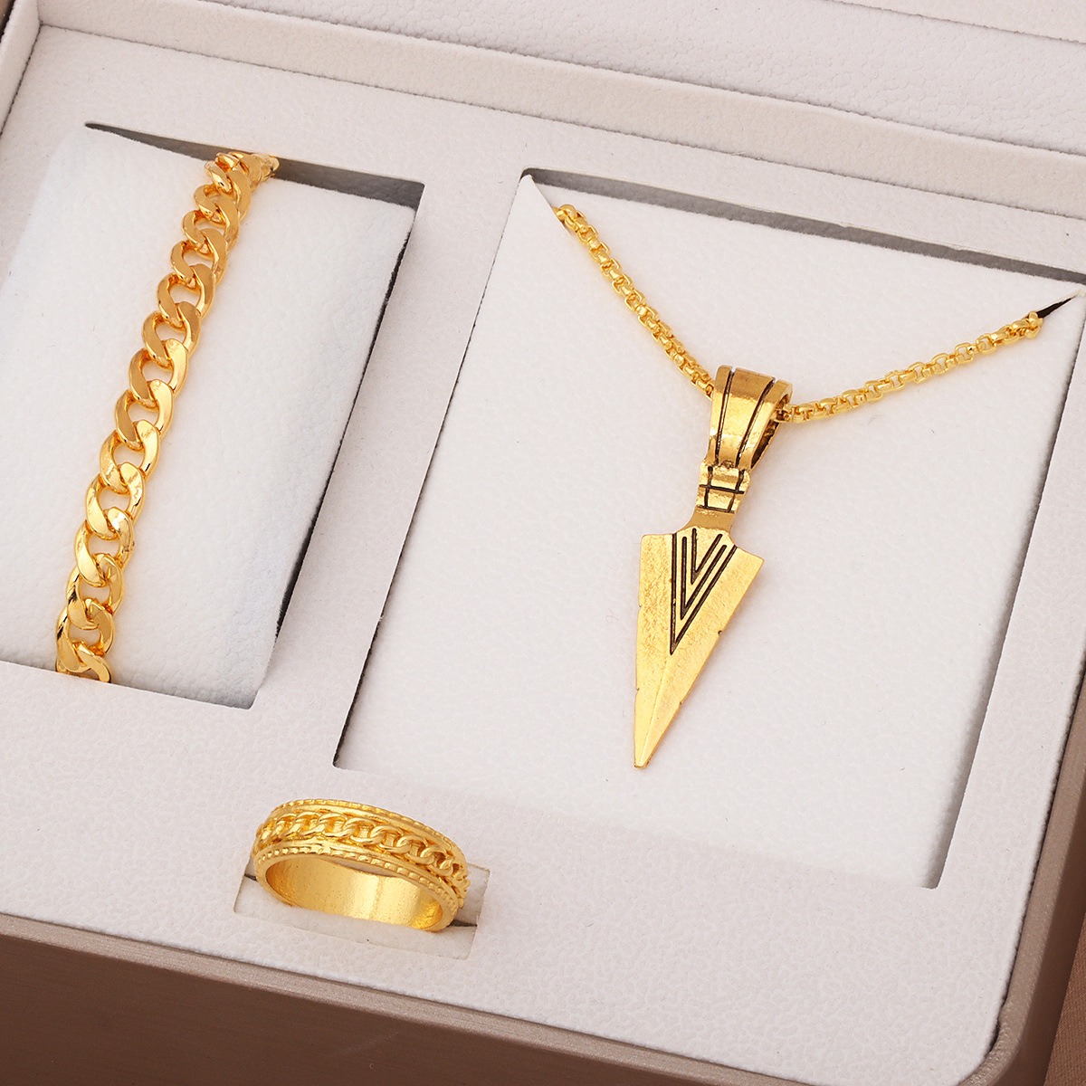 Picture of 3pcs Trendy Stainless Steel Square Pendant Chain+Bracelet +Ring for Men - Sleek & Classic Design