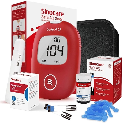 Picture of SINOCARE SAFE AQ SMART Blood Glucose Monitor/Machine | With 25 Strips and Lancets, One Lancet Device | No Coding, Measurements of Blood Sugar/Diabetes levels are fast, accurate and reliable - Chili Red