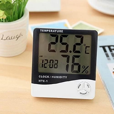 Picture of HTC-1 Digital Thermometer Hygrometer Clock Alarm/Alarm Calendar 5 Functions Large Screen Desktop Stand & Wall Mount White Thermometer Hygrometer Digital - Multicolor