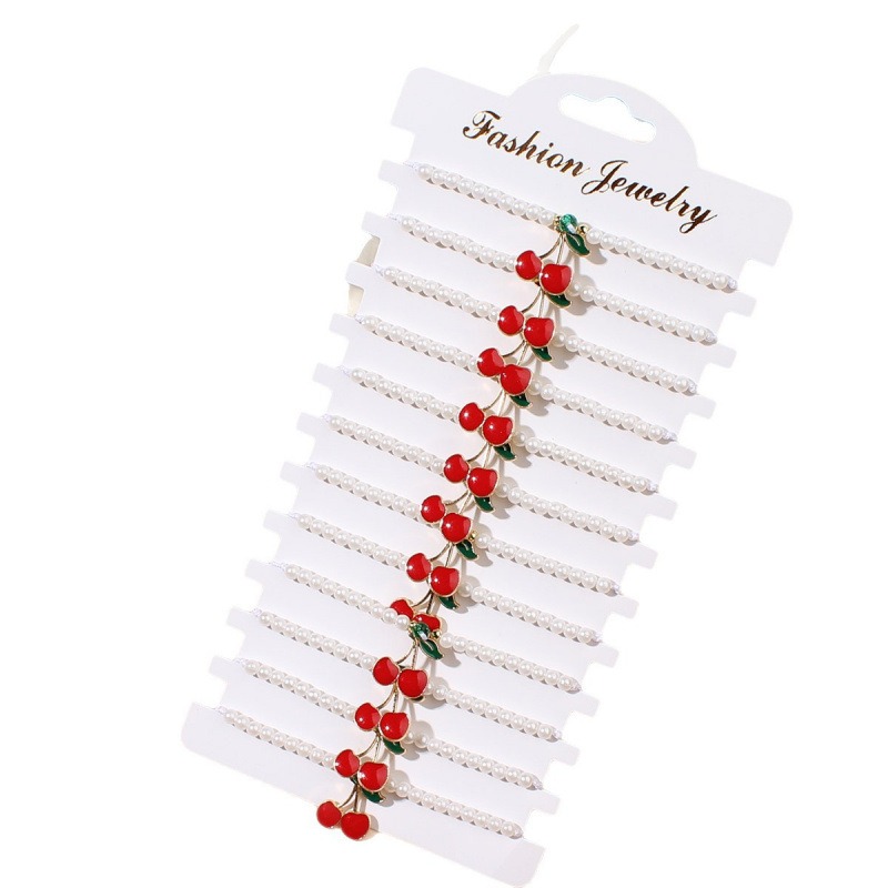 Picture of fashionable imitation pearl beaded red cherry strawberry pendant woven sweet ladies' bracelet