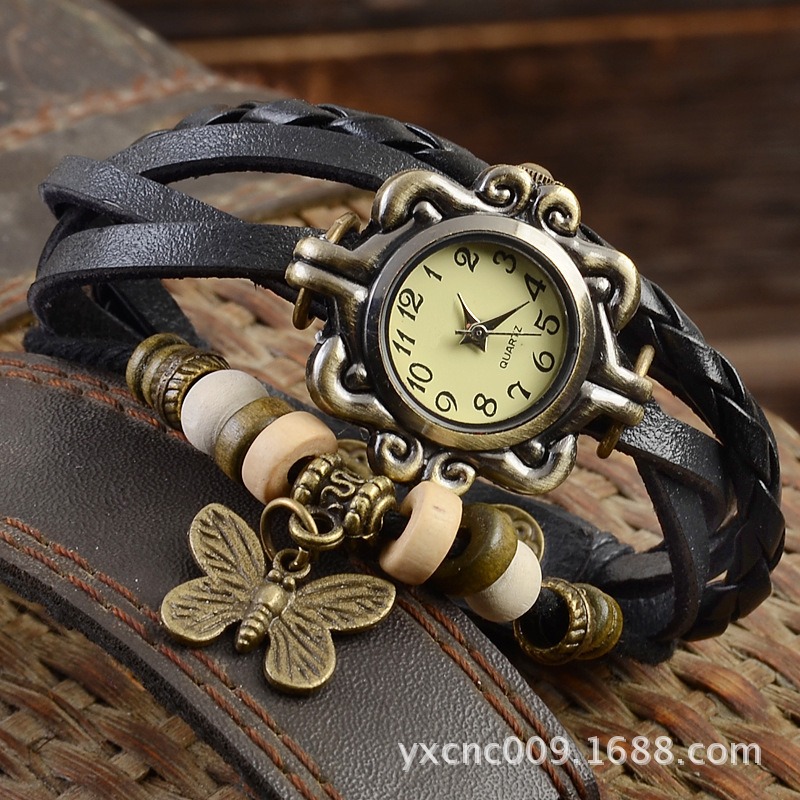 Picture of Women's Casual Vintage Multilayer Butterfly Faux Leather Bracelet Wrist Watch Ladies