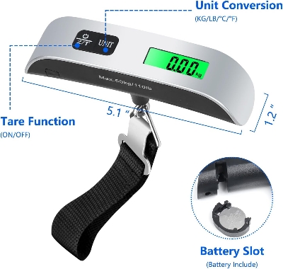 Picture of Digital Luggage Scale with Backlight, Electronic Portable Suitcase, Travel Weighing Scales Luggage Bag Hanging, -40%, 50kg, 110lb - Multicolor