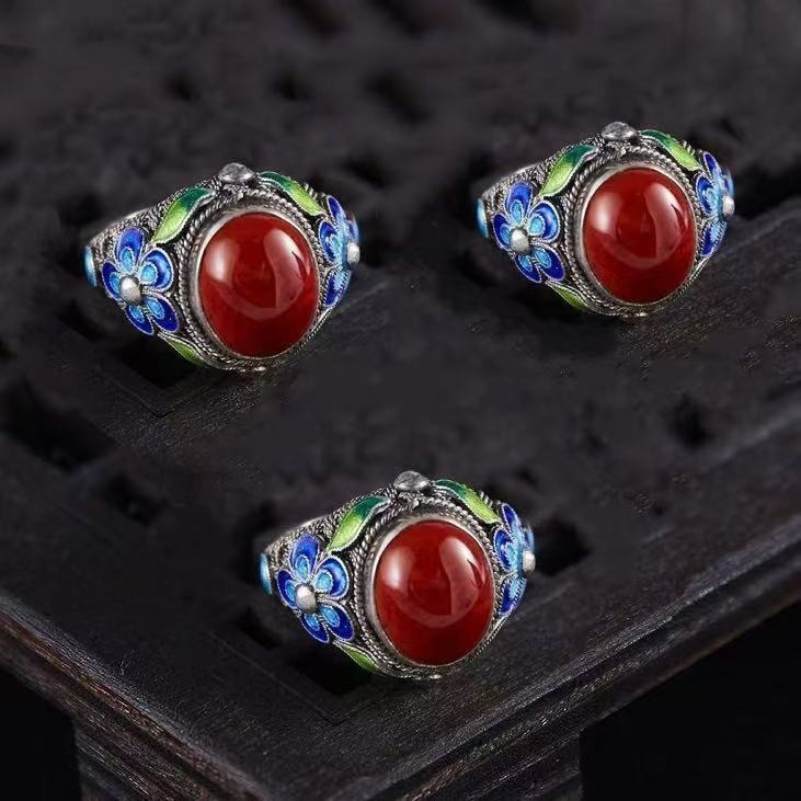 Picture of Antique Chinese Retro Craft Made Tibetan Inlaid Rubine Woman Rings Mom Gift