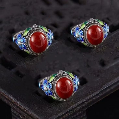 Picture of Antique Chinese Retro Craft Made Tibetan Inlaid Rubine Woman Rings Mom Gift