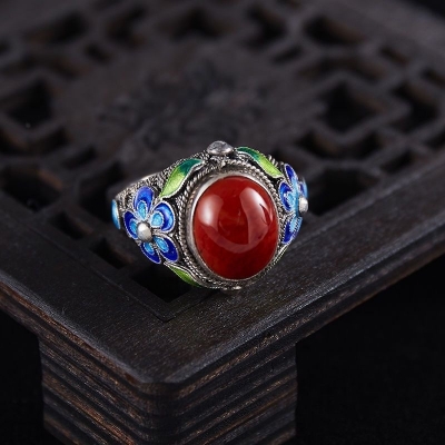 Picture of Antique Chinese Retro Craft Made Tibetan Inlaid Rubine Woman Rings Mom Gift