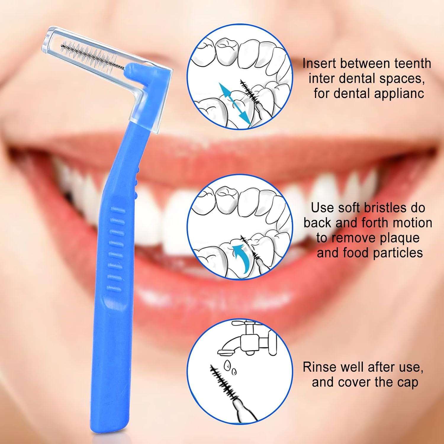 Picture of L Shaped Interdental Brushes for Between Teeth and Gums,5pcs Angle Interdental Brushes, Brush Micro Tight Cleaner, Plaque Removal, 6 Sizes(Blue), 5pcs Angle Interdental Brushes, L Shaped Interde - Multicolor