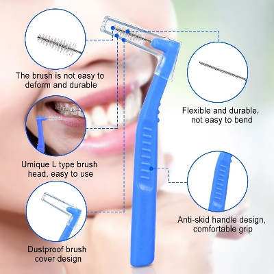 Picture of L Shaped Interdental Brushes for Between Teeth and Gums,5pcs Angle Interdental Brushes, Brush Micro Tight Cleaner, Plaque Removal, 6 Sizes(Blue), 5pcs Angle Interdental Brushes, L Shaped Interde - Multicolor