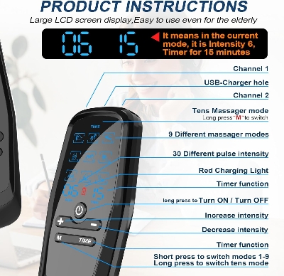 Picture of Dual Channel TENS Unit for Pain Relief Rechargeable Electronic Pluse Muscle Stimulator Massager Low-Frequency Multi-Function Physiotherapy Instrument with 10pcs Electrode Pads - Black