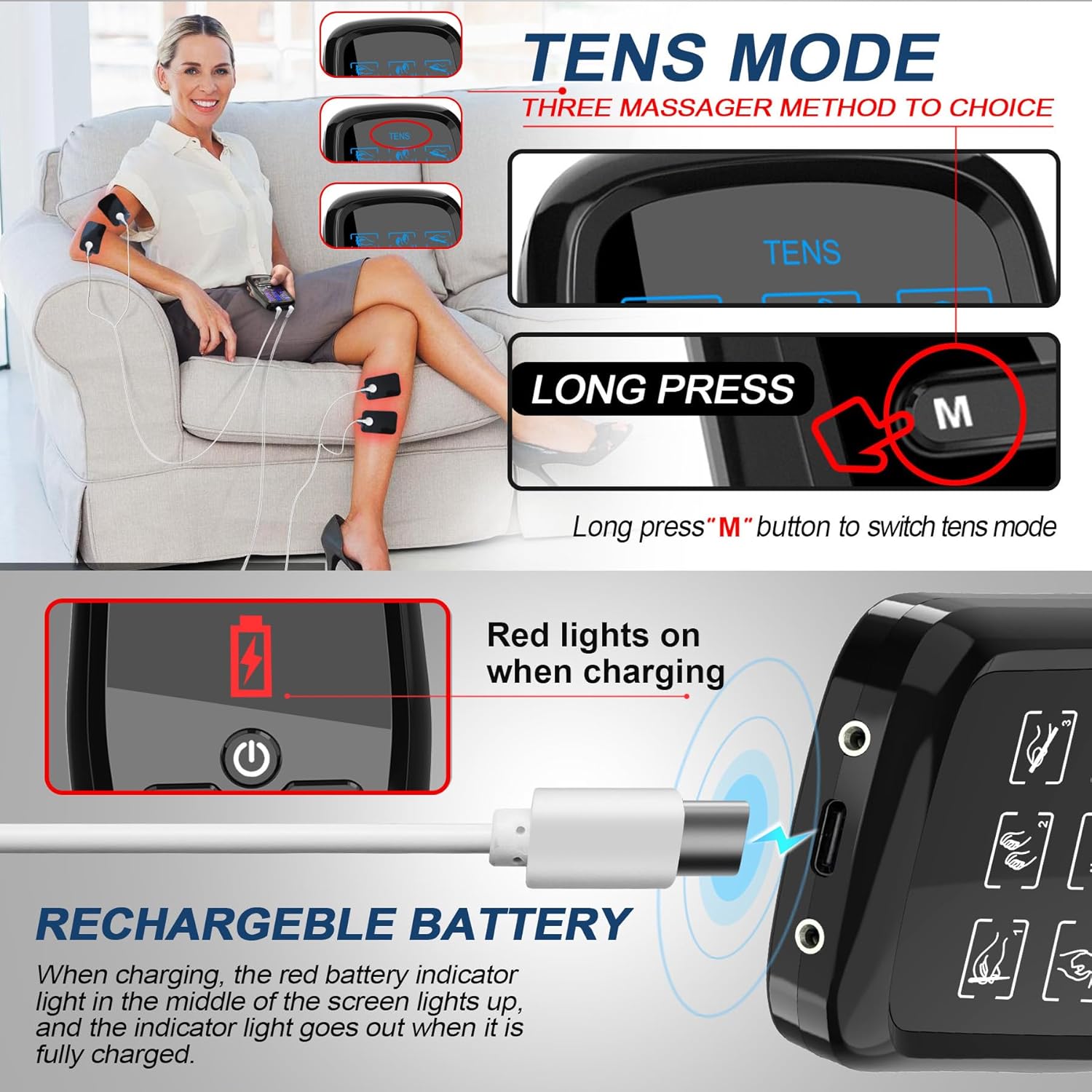 Picture of Dual Channel TENS Unit for Pain Relief Rechargeable Electronic Pluse Muscle Stimulator Massager Low-Frequency Multi-Function Physiotherapy Instrument with 10pcs Electrode Pads - Black