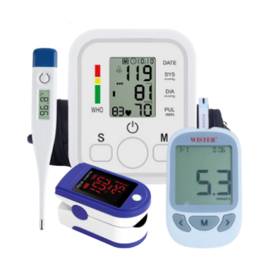 Picture of 4-in-1 Digital Health Monitoring Kit - Blood Pressure Machine, Glucometer, Pulse Oximeter & Digital Thermometer for Home Use - Multicolor